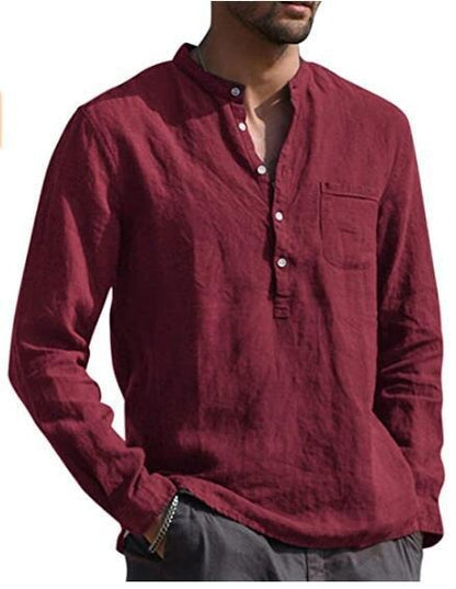 Men's Long Sleeve V-Neck Casual Faux Linen Shirt