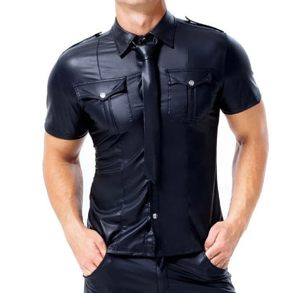 Men's PU Leather T-shirt | Turn-down Collar Button Tee Shirt