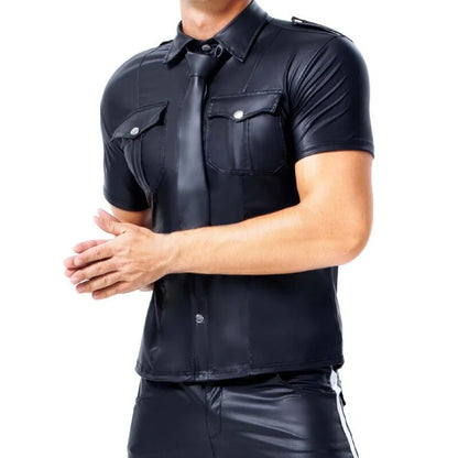 Men's PU Leather T-shirt | Turn-down Collar Button Tee Shirt