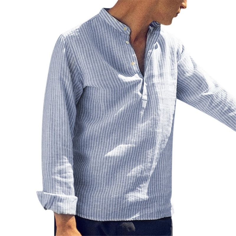 Cotton Long Sleeve Striped Slim Fit Stand Collar Shirt Male Clothes