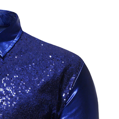 Silver Metallic Sequins Glitter Male Stage Performance Shirt Male