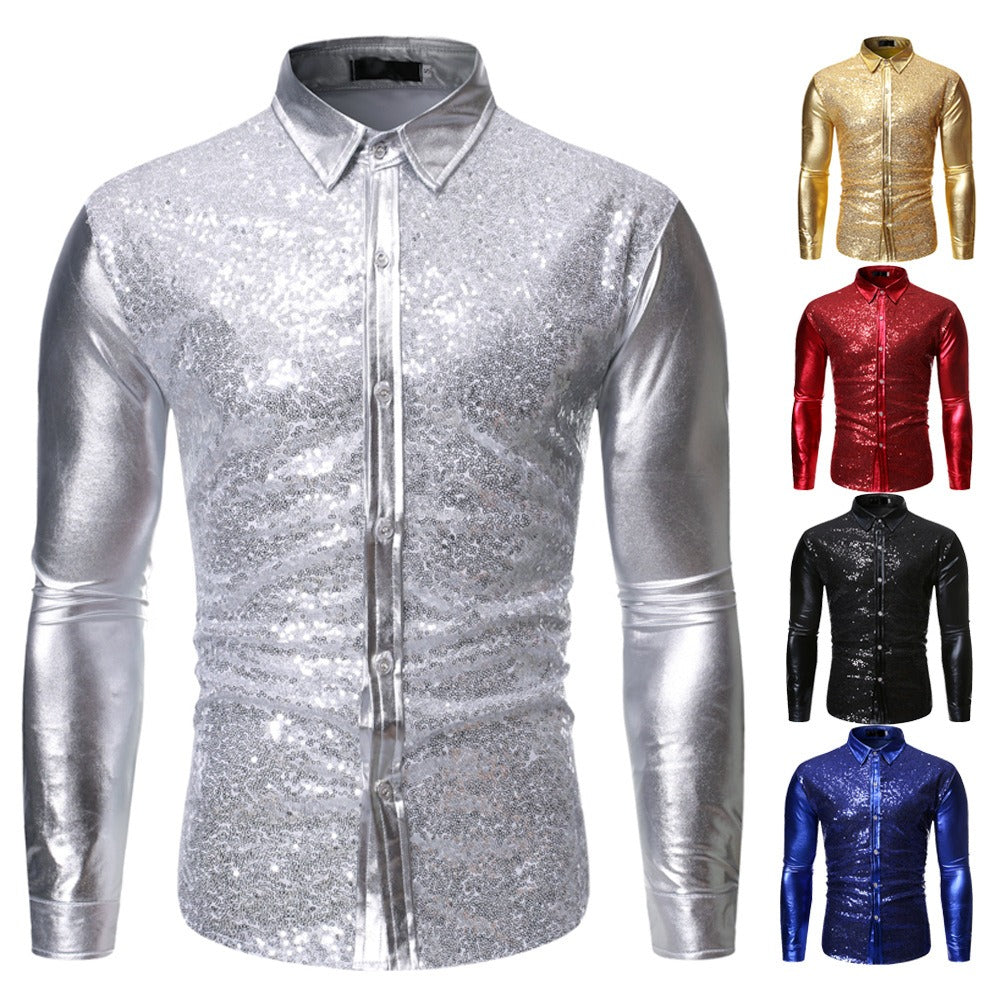 Silver Metallic Sequins Glitter Male Stage Performance Shirt Male