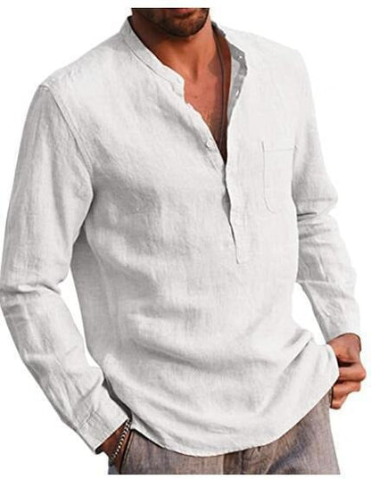 Men's Long Sleeve V-Neck Casual Faux Linen Shirt