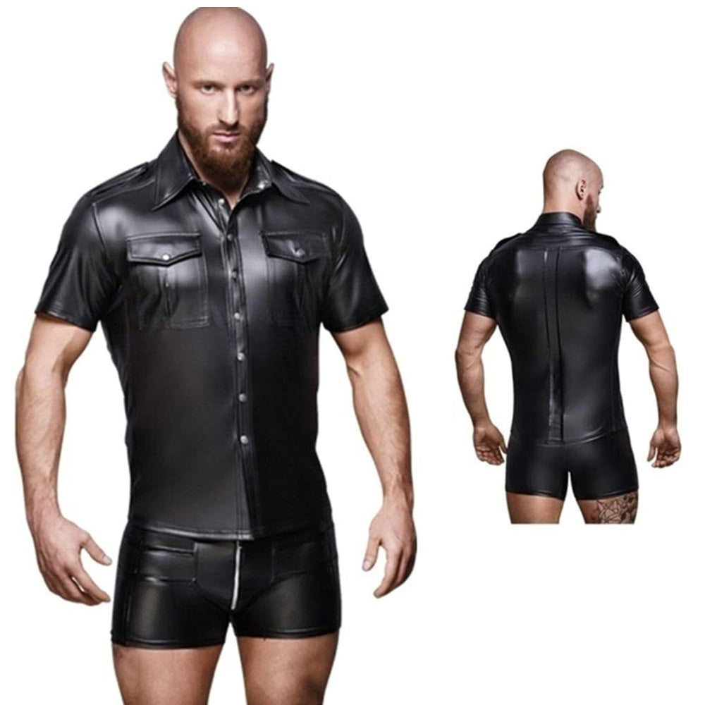 Men's PU Leather T-shirt | Turn-down Collar Button Tee Shirt