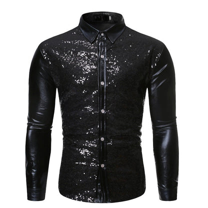 Silver Metallic Sequins Glitter Male Stage Performance Shirt Male